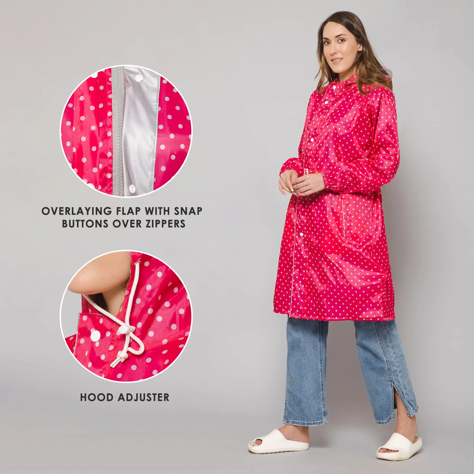 THE CLOWNFISH Raincoats for Women Rain Coat for Women Longcoat Raincoat for Ladies Waterproof Reversible Double Layer. Dotty Delight Series (Dark Pink, X-Large)