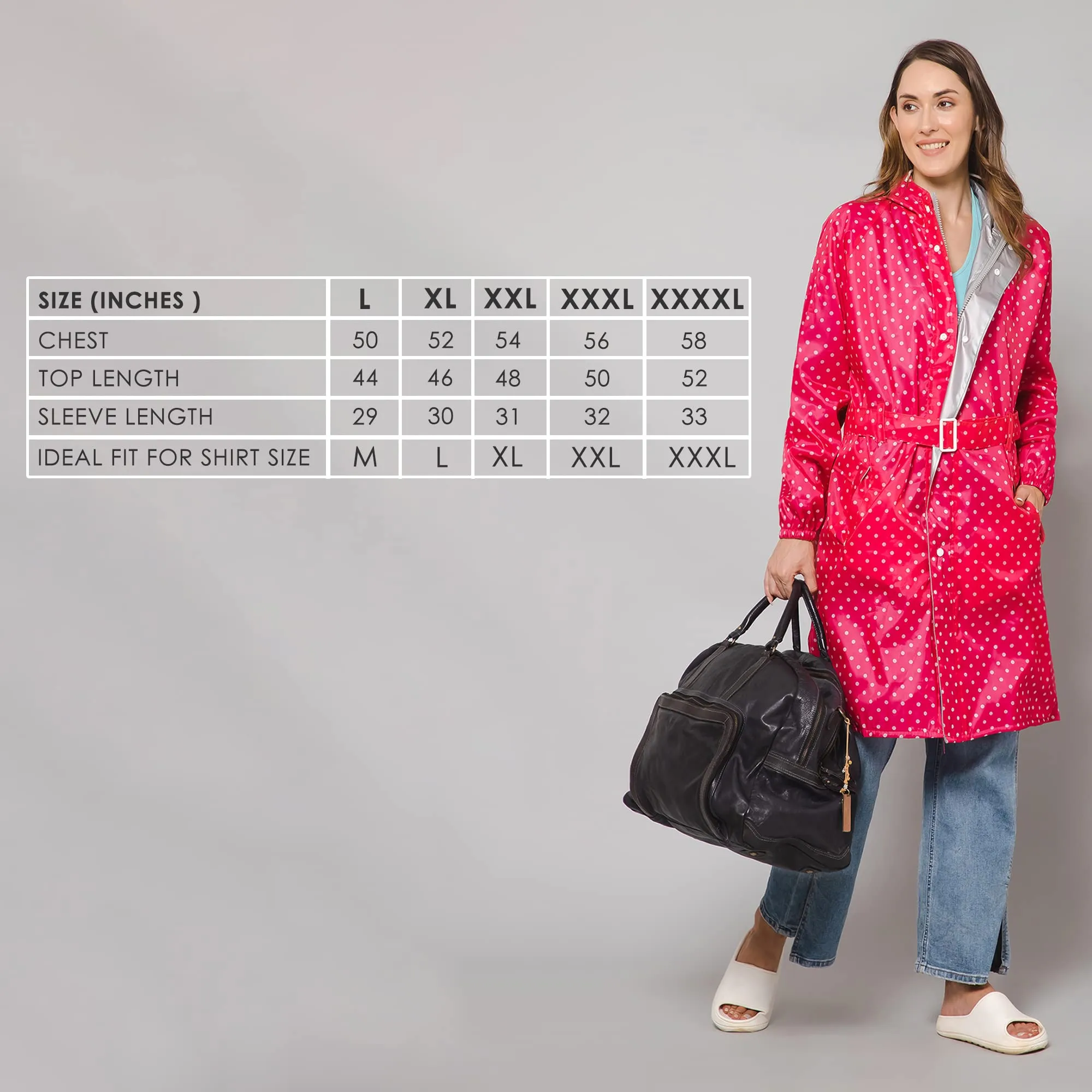 THE CLOWNFISH Raincoats for Women Rain Coat for Women Longcoat Raincoat for Ladies Waterproof Reversible Double Layer. Dotty Delight Series (Dark Pink, X-Large)