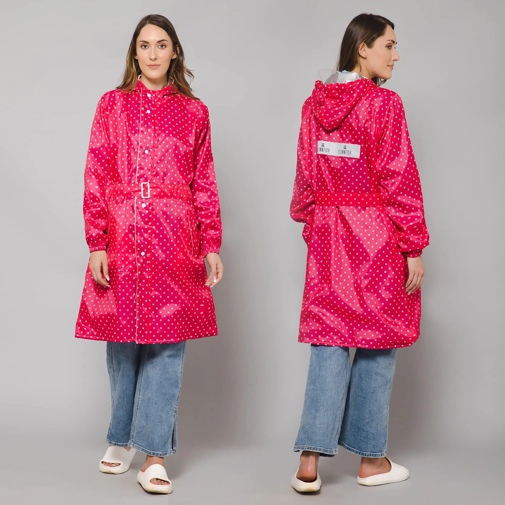 THE CLOWNFISH Raincoats for Women Rain Coat for Women Longcoat Raincoat for Ladies Waterproof Reversible Double Layer. Dotty Delight Series (Dark Pink, X-Large)