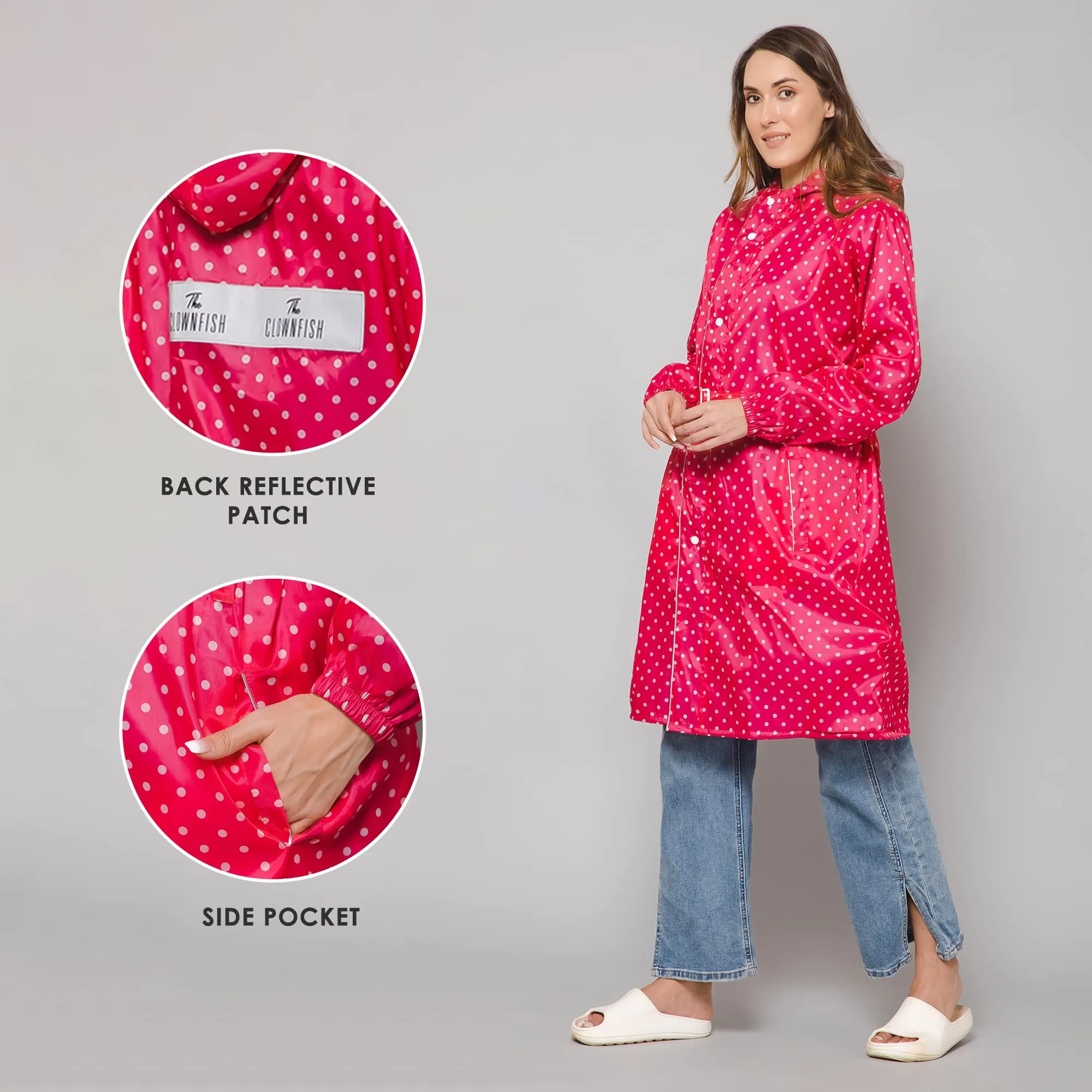 THE CLOWNFISH Raincoats for Women Rain Coat for Women Longcoat Raincoat for Ladies Waterproof Reversible Double Layer. Dotty Delight Series (Dark Pink, XXX-Large)