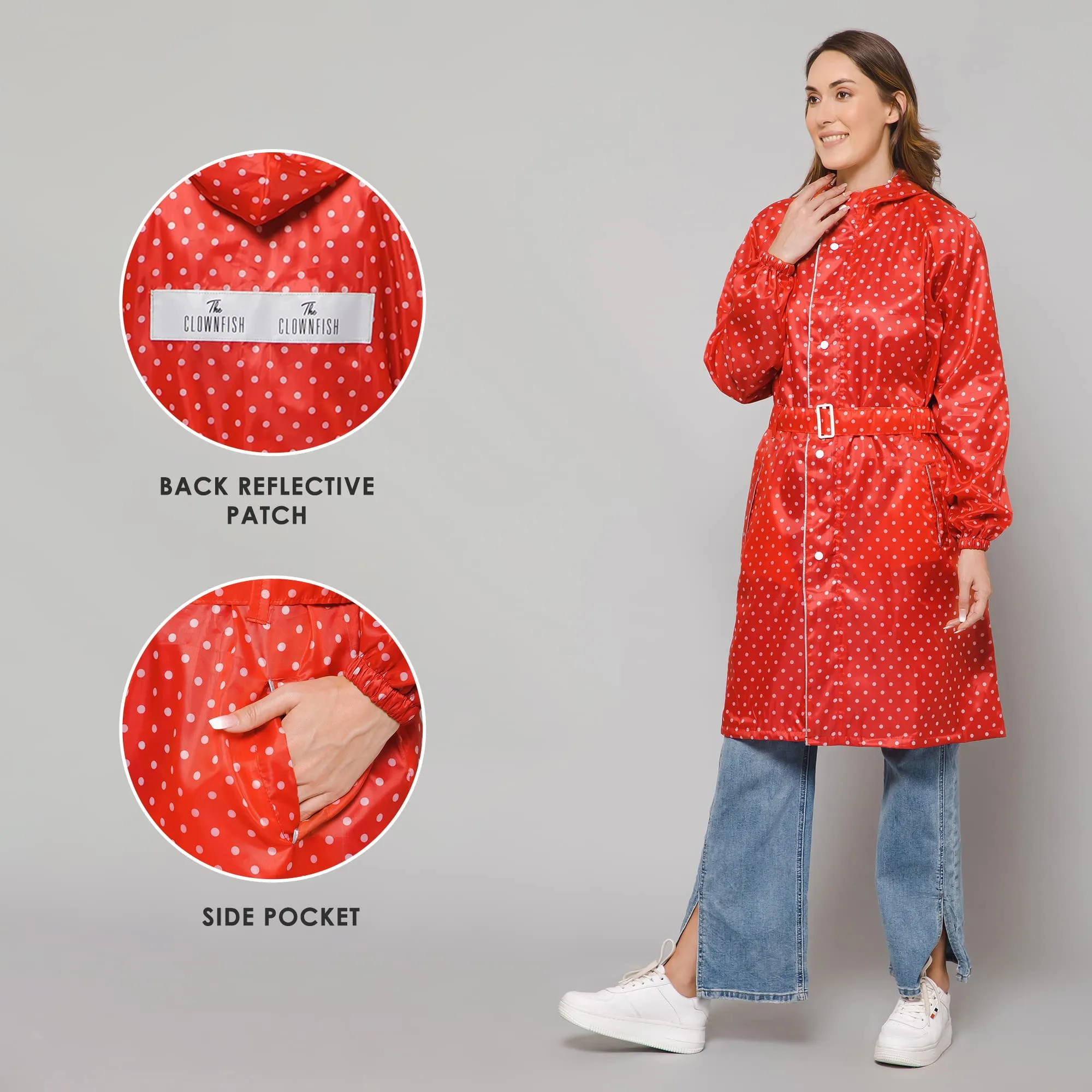 THE CLOWNFISH Raincoats for Women Rain Coat for Women Longcoat Raincoat for Ladies Waterproof Reversible Double Layer. Dotty Delight Series (Red, Large)