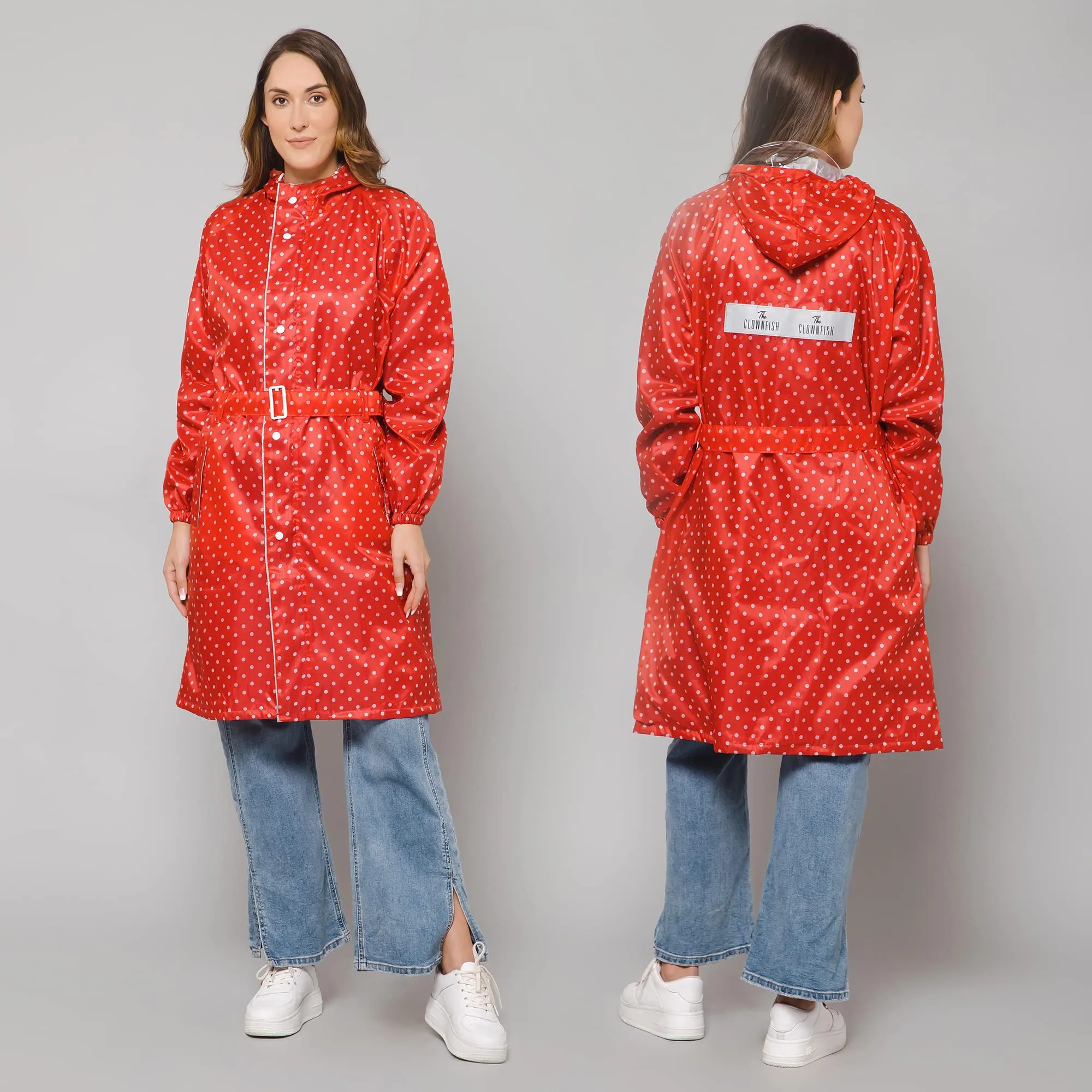 THE CLOWNFISH Raincoats for Women Rain Coat for Women Longcoat Raincoat for Ladies Waterproof Reversible Double Layer. Dotty Delight Series (Red, Large)