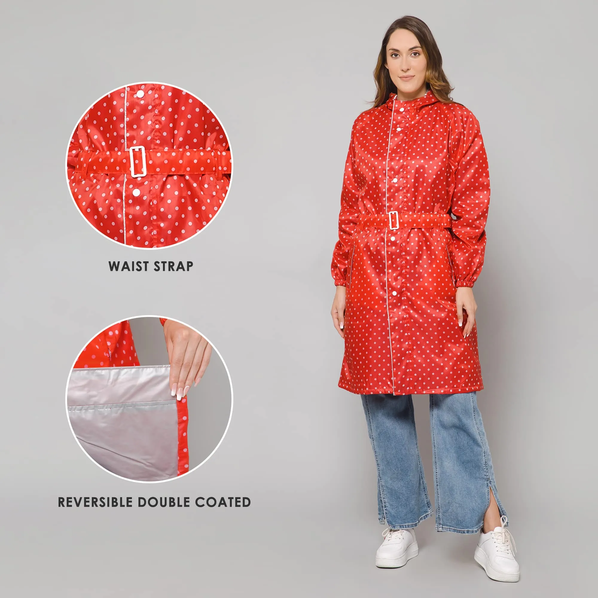 THE CLOWNFISH Raincoats for Women Rain Coat for Women Longcoat Raincoat for Ladies Waterproof Reversible Double Layer. Dotty Delight Series (Red, Large)