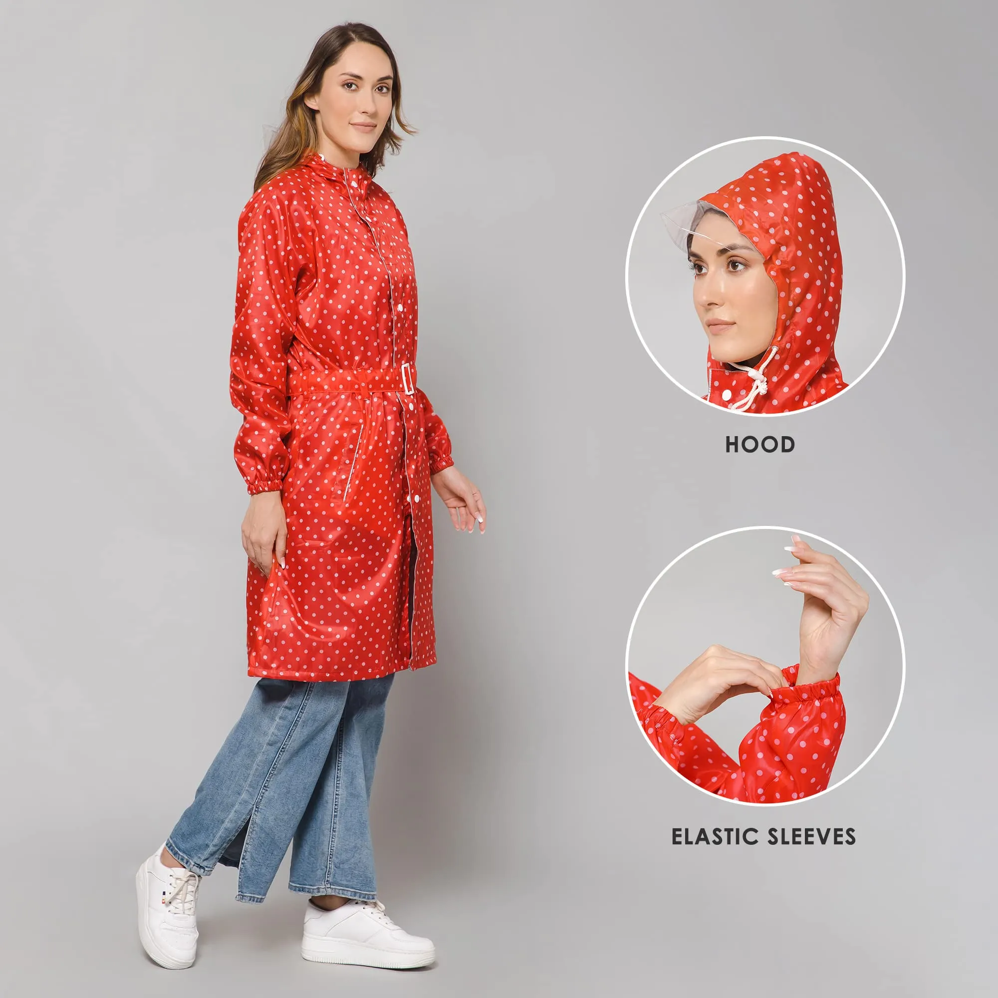 THE CLOWNFISH Raincoats for Women Rain Coat for Women Longcoat Raincoat for Ladies Waterproof Reversible Double Layer. Dotty Delight Series (Red, Large)