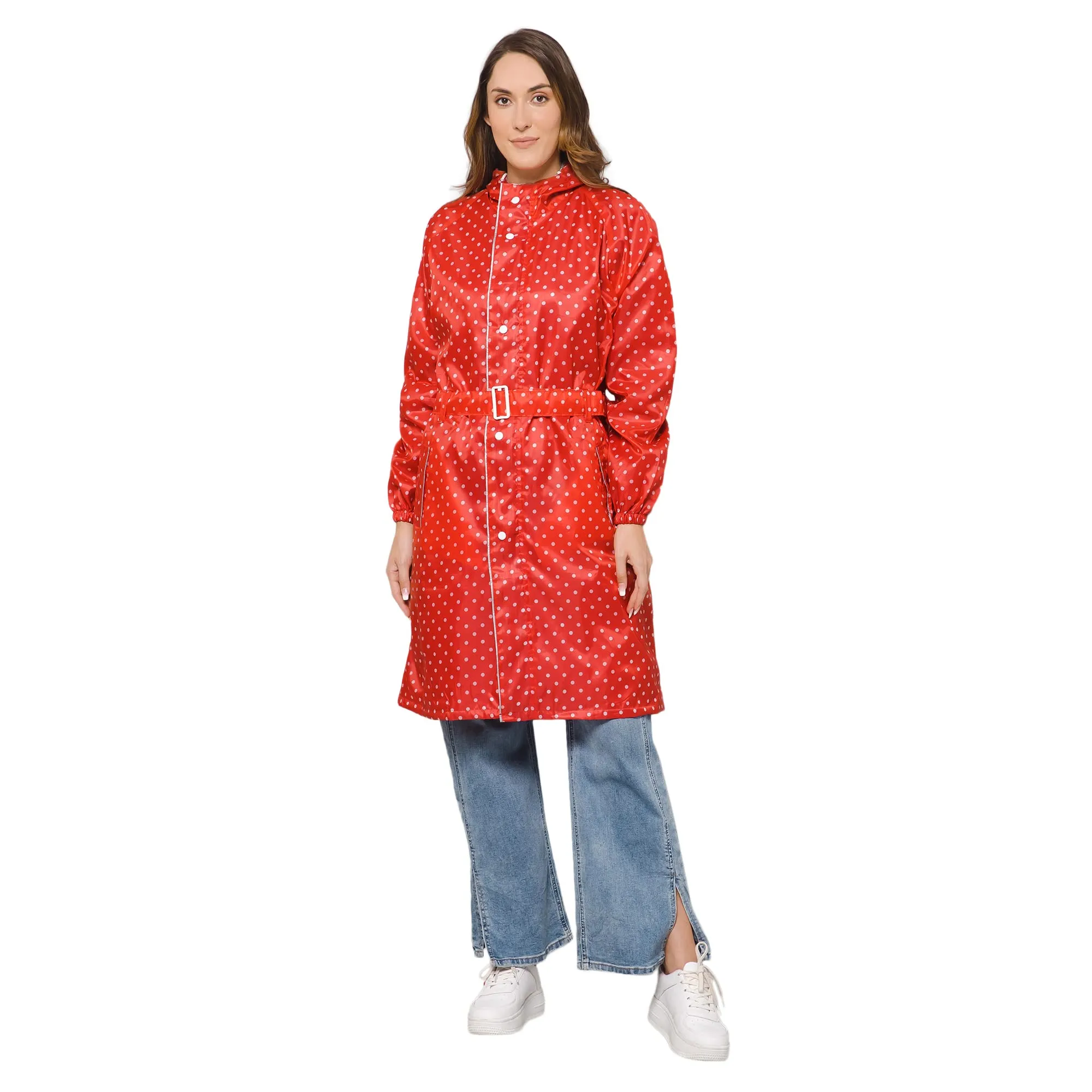 THE CLOWNFISH Raincoats for Women Rain Coat for Women Longcoat Raincoat for Ladies Waterproof Reversible Double Layer. Dotty Delight Series (Red, Large)