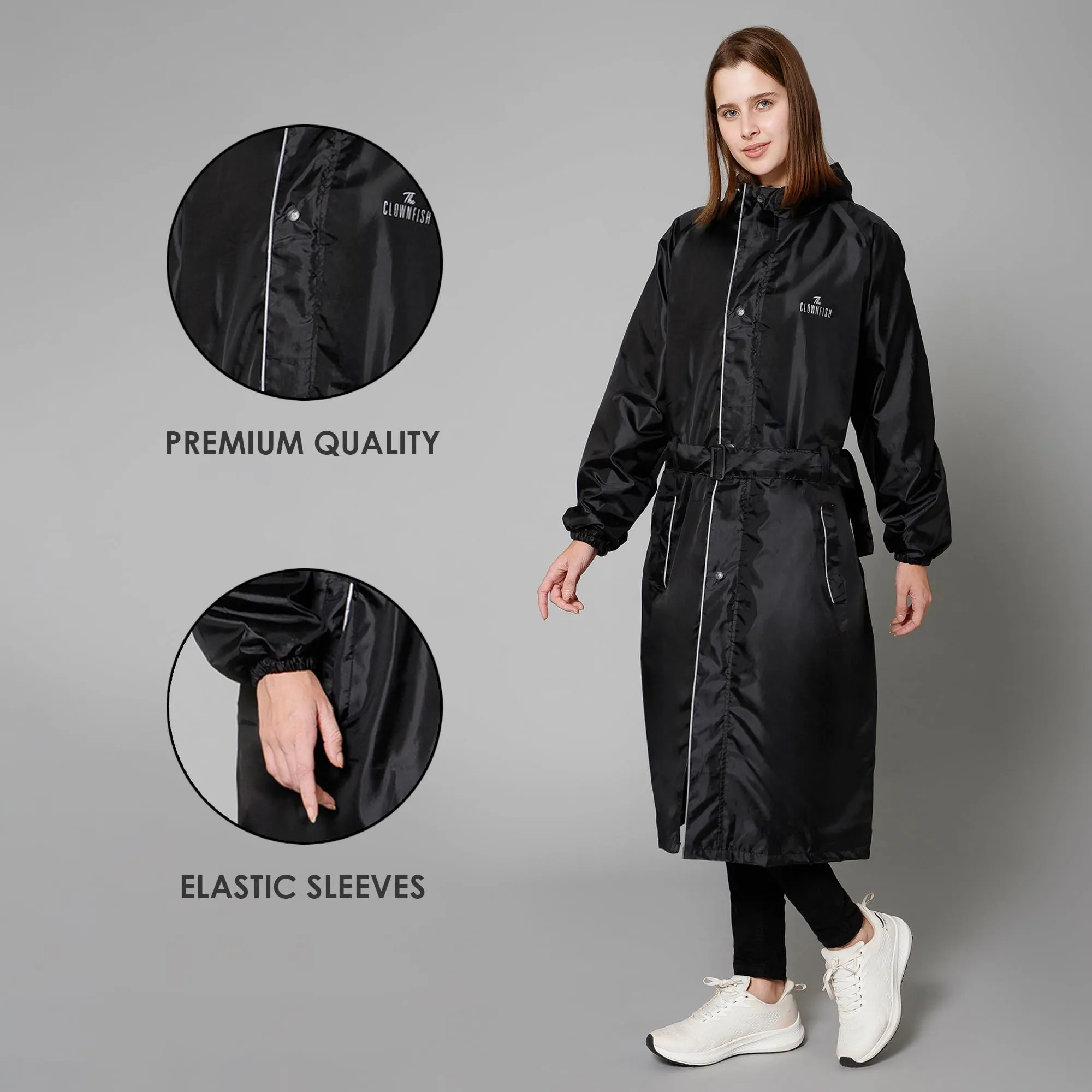 THE CLOWNFISH Raincoats for Women Raincoat for Ladies Waterproof Reversible Double Layer. Drizzle Diva Series (Black, Large)