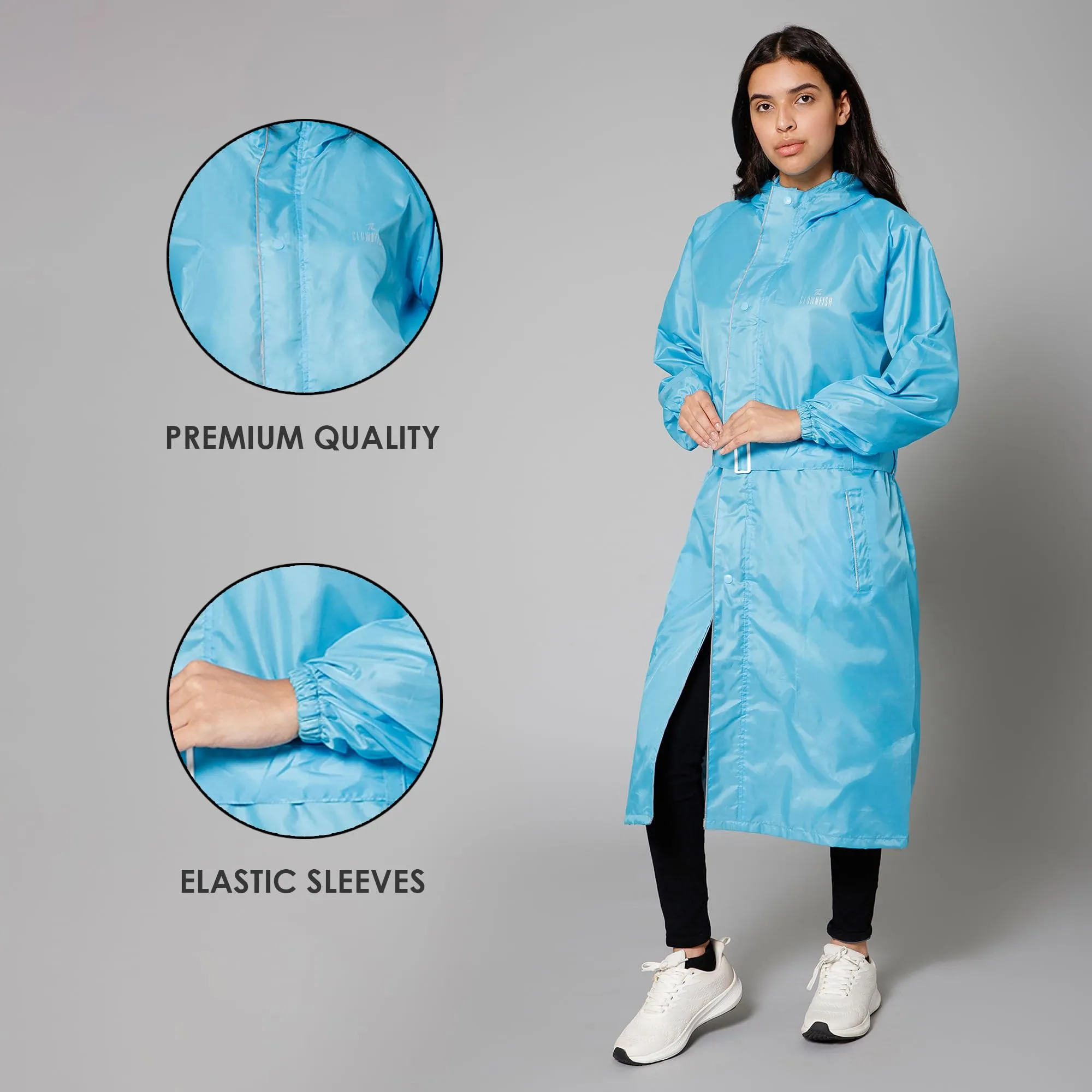 THE CLOWNFISH Raincoats for Women Raincoat for Ladies Waterproof Reversible Double Layer. Drizzle Diva Series (Turquiose Blue, X-Large)