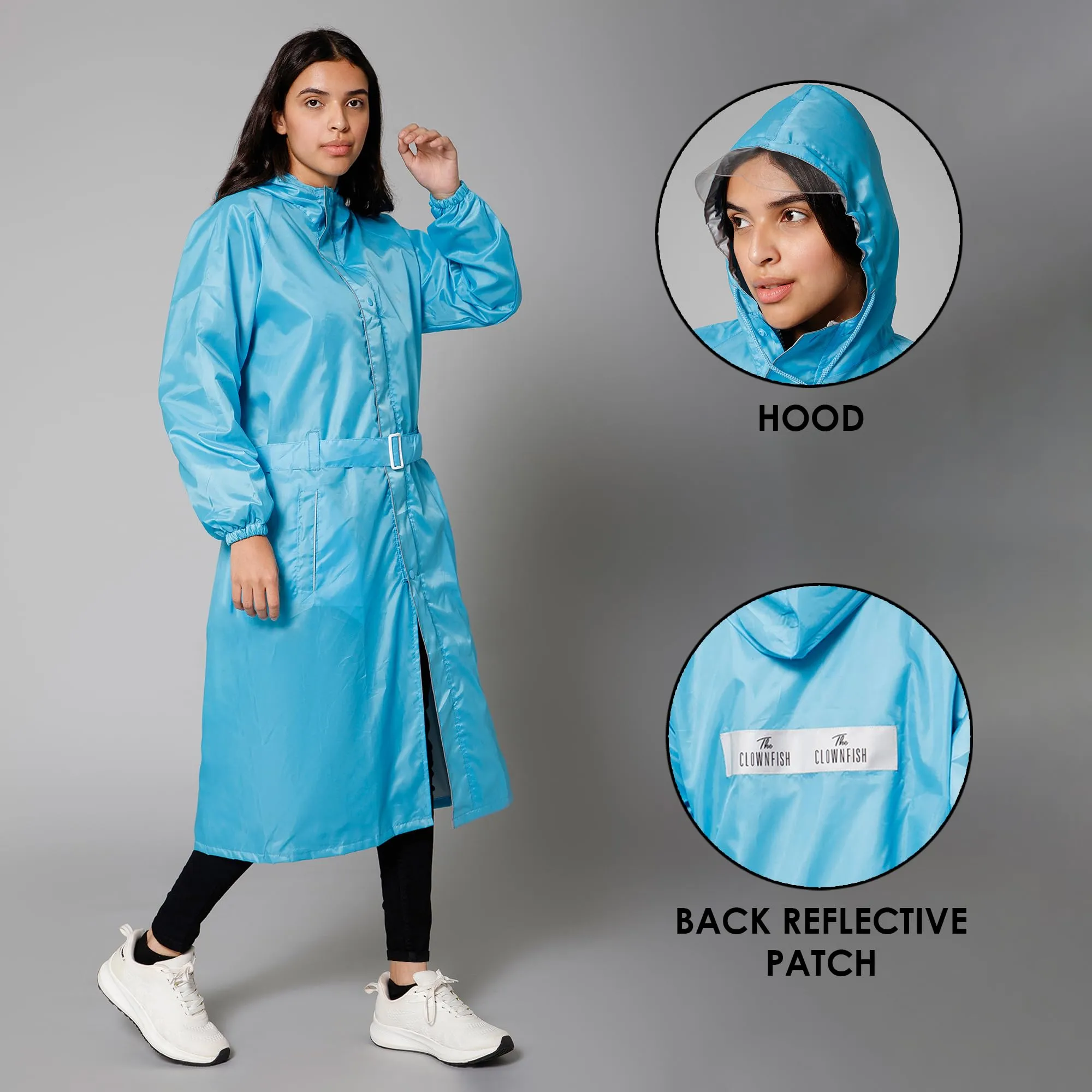 THE CLOWNFISH Raincoats for Women Raincoat for Ladies Waterproof Reversible Double Layer. Drizzle Diva Series (Turquiose Blue, X-Large)