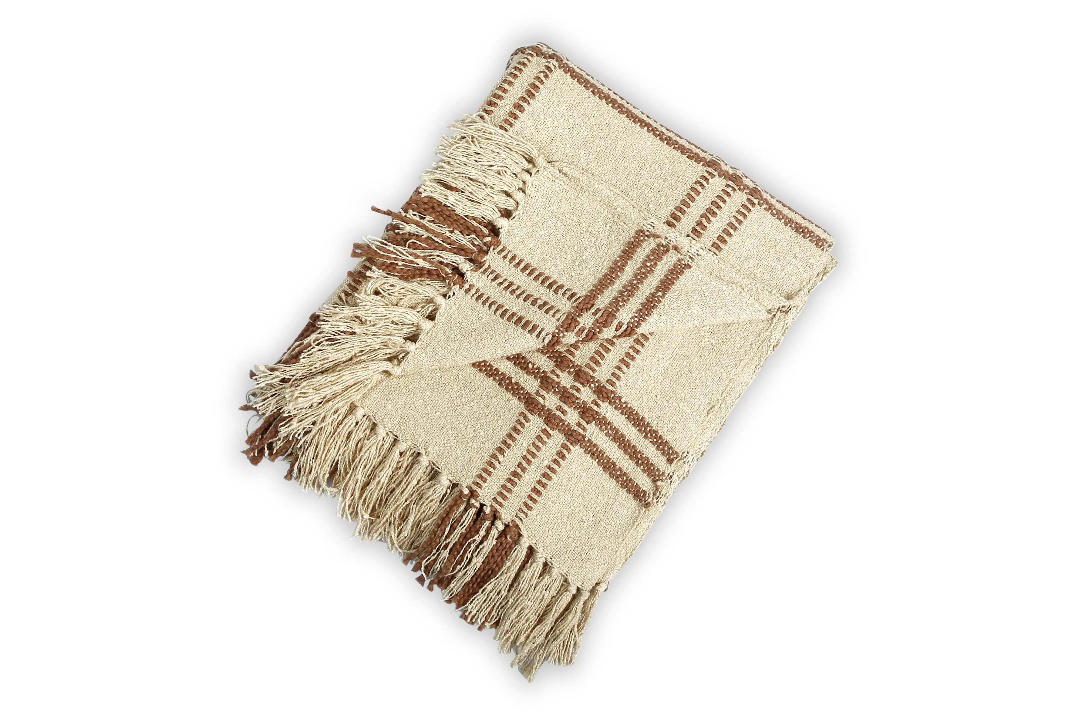 Throw Blanket - Cotton Boucle Large Checkered Pattern | Brown 52in x 68in