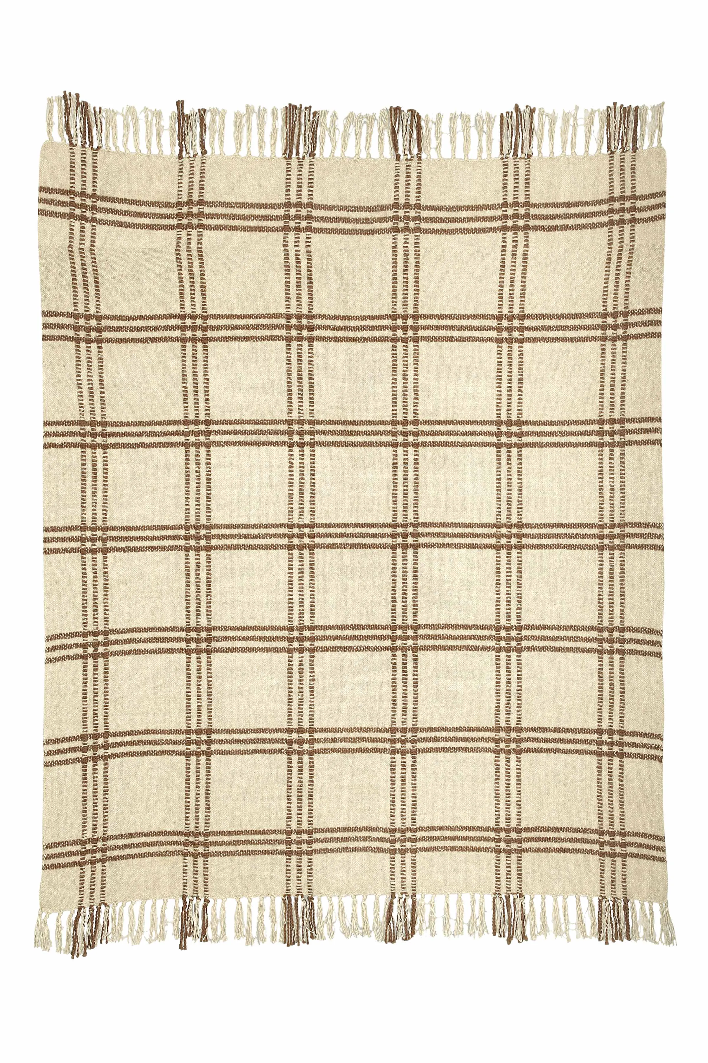 Throw Blanket - Cotton Boucle Large Checkered Pattern | Brown 52in x 68in