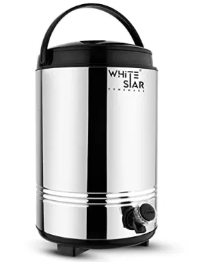 WHITESTAR Stainless Steel Water Containers with Tap for Office Home Kitchen (10 Liters, Silver) Easy to Carry Handle, Lightweight & Highly Durable - Hot and Cold Water Jug Upto 4-5 Hours