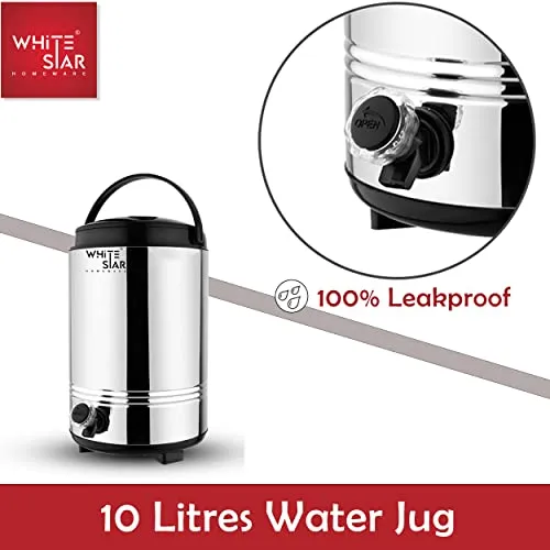 WHITESTAR Stainless Steel Water Containers with Tap for Office Home Kitchen (10 Liters, Silver) Easy to Carry Handle, Lightweight & Highly Durable - Hot and Cold Water Jug Upto 4-5 Hours