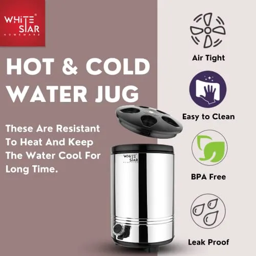 WHITESTAR Stainless Steel Water Containers with Tap for Office Home Kitchen (10 Liters, Silver) Easy to Carry Handle, Lightweight & Highly Durable - Hot and Cold Water Jug Upto 4-5 Hours