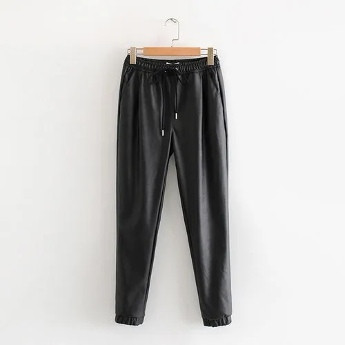 Women Black Chic PU Leather Pants Elastic Waist