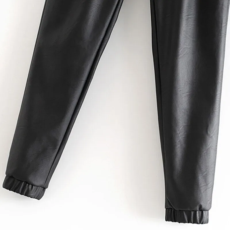 Women Black Chic PU Leather Pants Elastic Waist