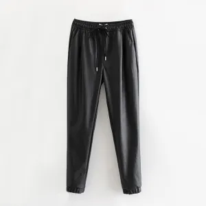 Women Black Chic PU Leather Pants Elastic Waist