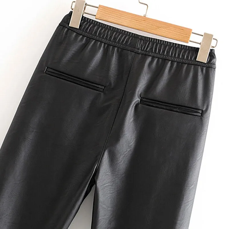 Women Black Chic PU Leather Pants Elastic Waist