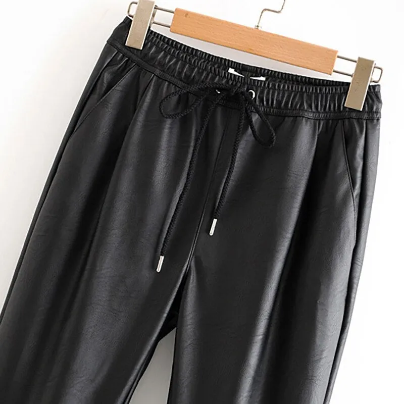 Women Black Chic PU Leather Pants Elastic Waist