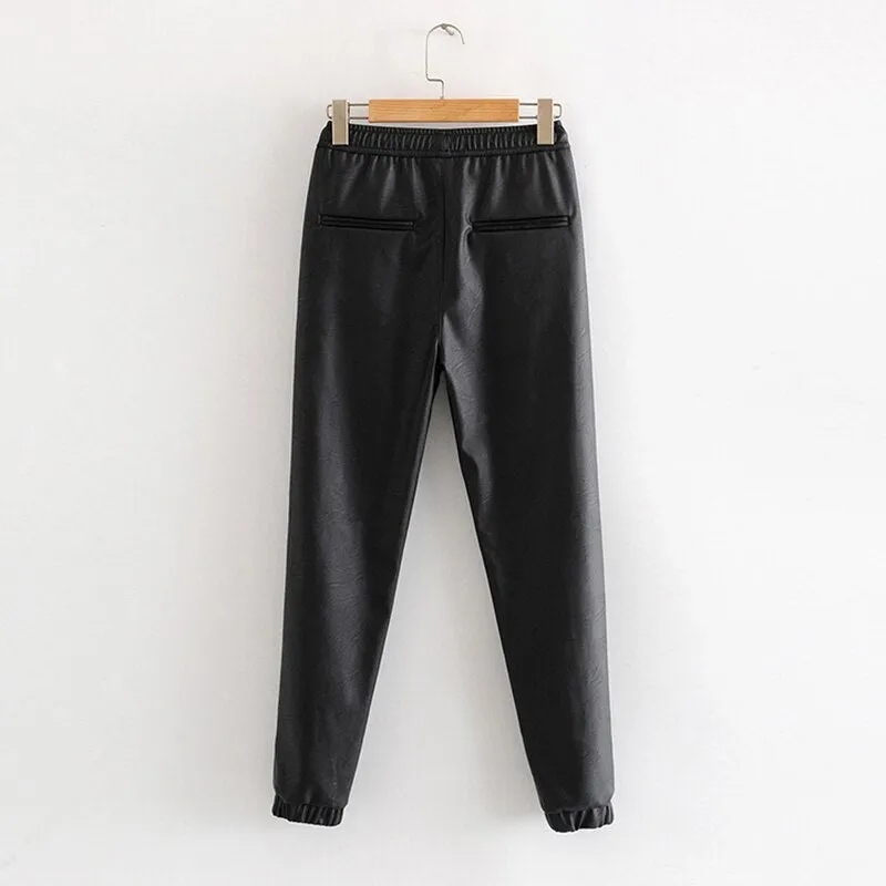 Women Black Chic PU Leather Pants Elastic Waist