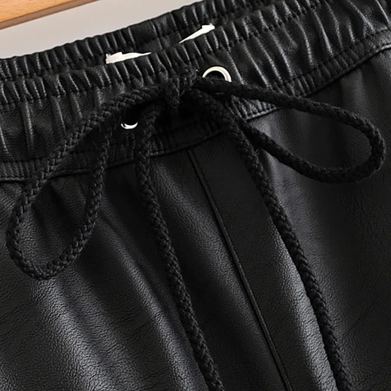 Women Black Chic PU Leather Pants Elastic Waist