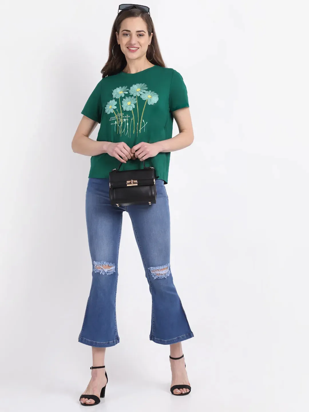 Women Round Neck Hosiery Solid Green T-Shirt