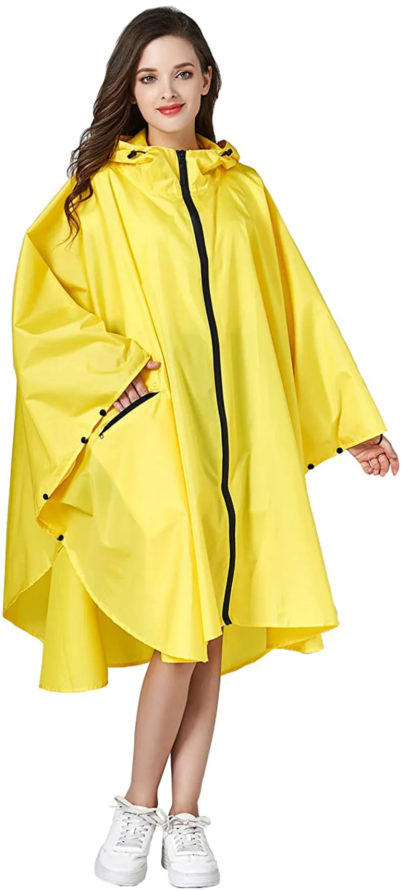 Womens Rain Poncho Stylish Polyester Waterproof Raincoat Free Size with Hood Zipper Styles